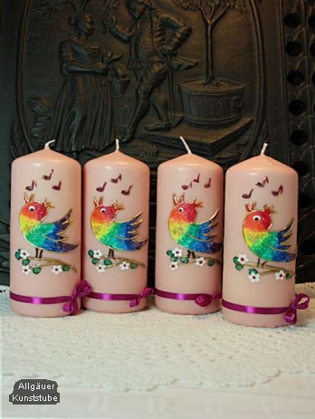 Tischkerze Rosina mit Regenbogenvogel