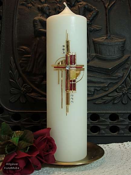 Hochzeitskerze, modern mit Kreuz und Rosen. Trend 2009